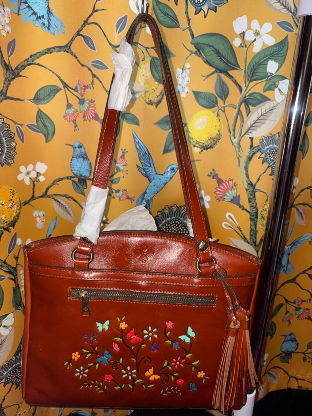 New Patricia Nash Poppy Watercolor Floral Butterfly Leather Tote Bag in Chestnut